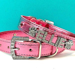 Personalized Dog Collar | Dog name collar | Silver and pink metallic | Bling Dog Collar | pink dog collar | XXS-XXL Personalized Gift