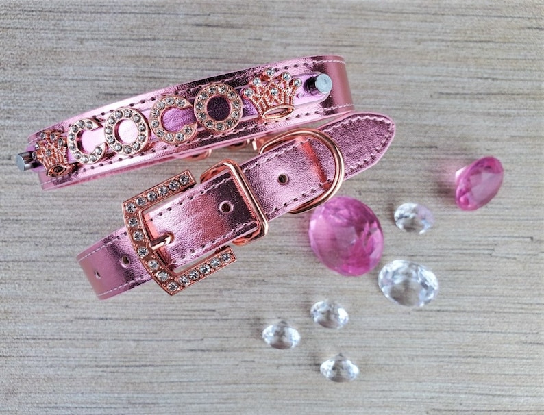 May include: Pink leather dog collar with a rose gold buckle and a crown charm. The collar is decorated with rhinestones and the word "COCCO" is spelled out in rhinestones.