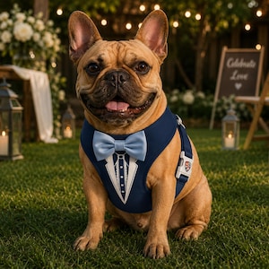 May include: A tan French Bulldog wearing a navy blue dog harness designed to look like a tuxedo. The harness features a light blue bow tie, a white shirt front with a black tie graphic, and a white plastic side-release buckle on the strap.