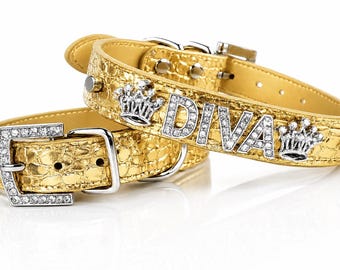 Personalized Bling Dog Collar | Dog name collar | Iced Out Gold Croc | Personalized Gifts | XS-XL
