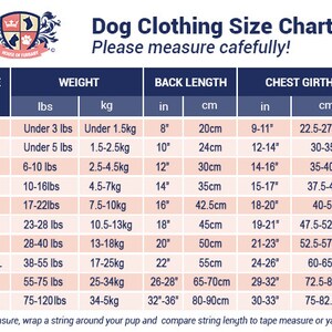 May include: A dog clothing size chart with the House of Furbaby logo, featuring columns for size, weight in lbs, back length in inches, and chest girth in inches. The table lists sizes from XXS to 5X with corresponding measurements for pet apparel.