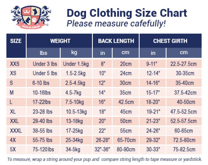 May include: A dog clothing size chart with the House of Furbaby logo, featuring columns for size, weight in lbs, back length in inches, and chest girth in inches. The table lists sizes from XXS to 5X with corresponding measurements for pet apparel.