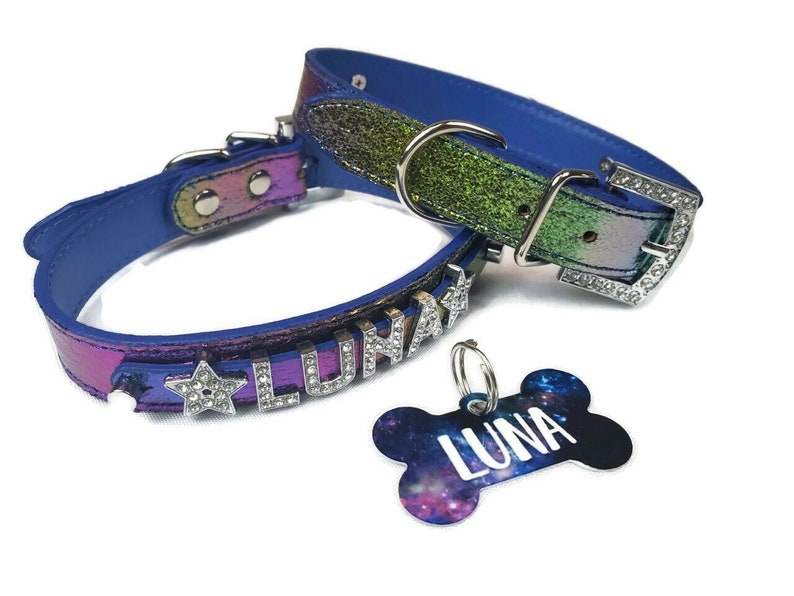 May include: A blue and iridescent dog collar with silver star and letter charms, spelling out "LUNA". A matching bone-shaped dog tag with a galaxy print and the name "LUNA" in white text.