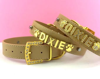 The Luxe Sand and Gold Custom Collar | Personalized cat Collar | Dog name collar | Puppy Collar | Name dog collar | XXS-XXL