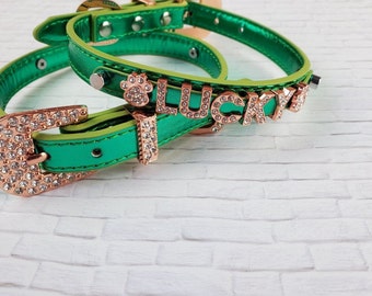 Rhinestone Dog Collar | Gifts for dogs | Jade Green & Rose Gold Dog Collar | Personalized Bling Dog Collar | Size XL only