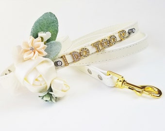 Wedding Dog collar | I DO TOO floral collar and matching leash | Choose from 25 Colors | Flower Dog Collar | Ivory and Gold wedding