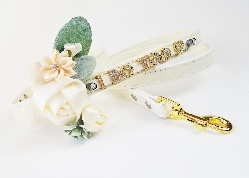 Wedding Dog collar | I DO TOO floral collar and matching leash | Choose from 25 Colors | Flower Dog Collar | Ivory and Gold wedding
