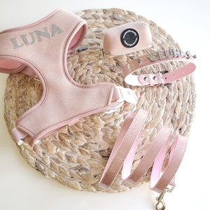 Personalized Pink dog harness | Ballet Blush Personalized harness | matching leash + poo bag Option |  Fits pets 6-60 lbs Personalized Gift
