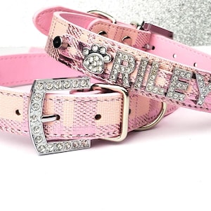 Personalized Dog Collar | Dog name collar | Pink and silver metallic plaid | Bling Dog Collar | pink dog collar | XXS-XXL Personalized Gift