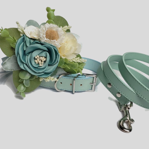 Wedding Dog collar | Seaglass Sage and Teal collar and leash | 14 Color Options | Dog Wedding | Flower Dog Collar | I DO TOO