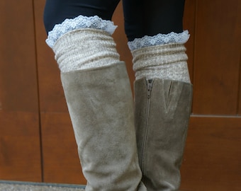 Luxe Legs - Heather Brown and Gray Thigh High Boot Socks- with Lace