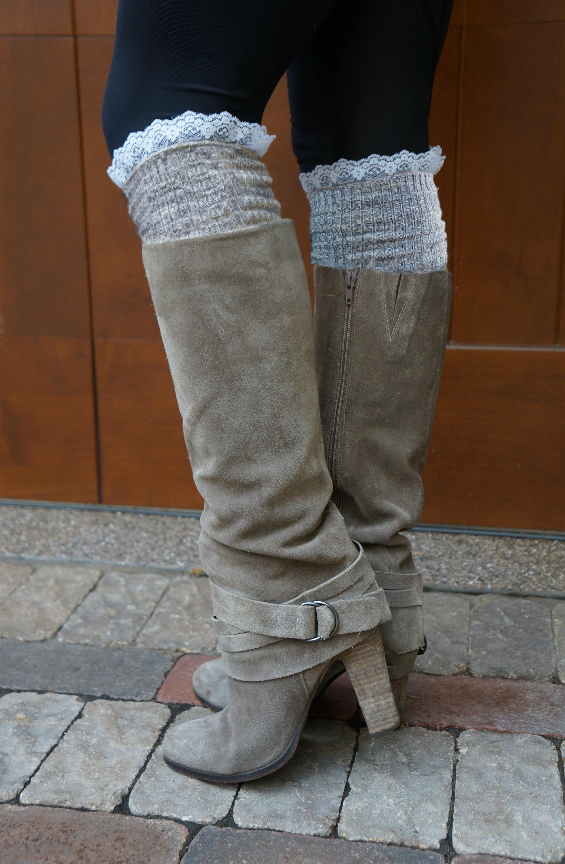 Luxe Legs - Heather Brown (Oatmeal) and Heather Gray Thigh High Boot Socks with Lace