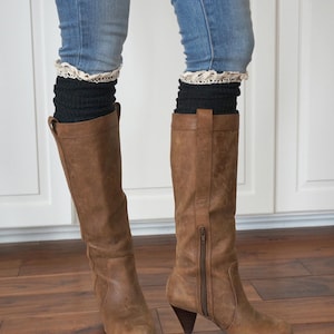 Luxe Legs - Black or Mocha Thigh High Boot Socks- with Hand Sewn Lace