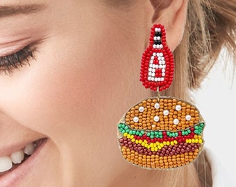 Hamburger Earrings, Hamburger Ketchup Earrings, Seed Beaded Earrings, Fun Earrings, Party Earrings, Festival Earrings Oktoberfest Earrings