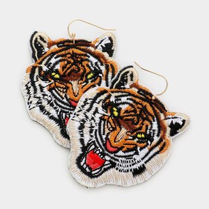 Embroidery Tiger Dangle Earrings Seed Beaded Tiger Dangle Earrings University College School Team Color Game Day Bengal Football Team Mascot