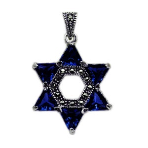 Sterling Silver Dark Blue Jewish Star of David Pendant, Navy Star of David, Sterling Silver Marcasite