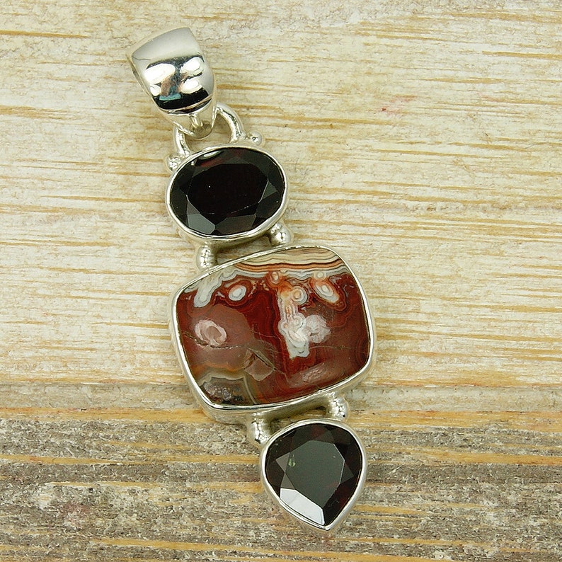Gemstone Necklace Sterling Silver Crazy Mexican Agate and Garnet Pendant