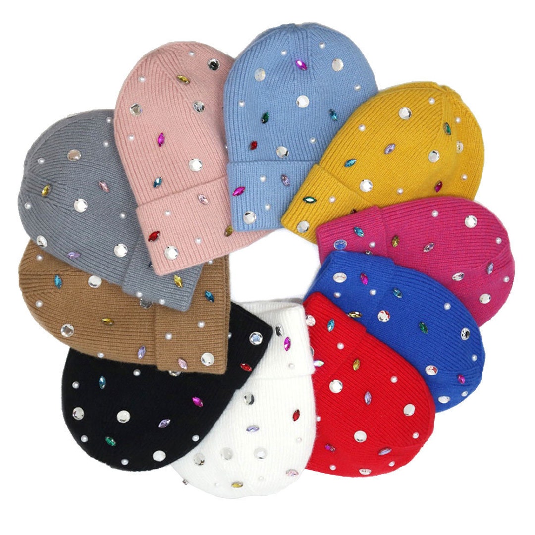 Pearl Jewel Embellished Fleece Lining Knit Beanie Hat Winter Etsy