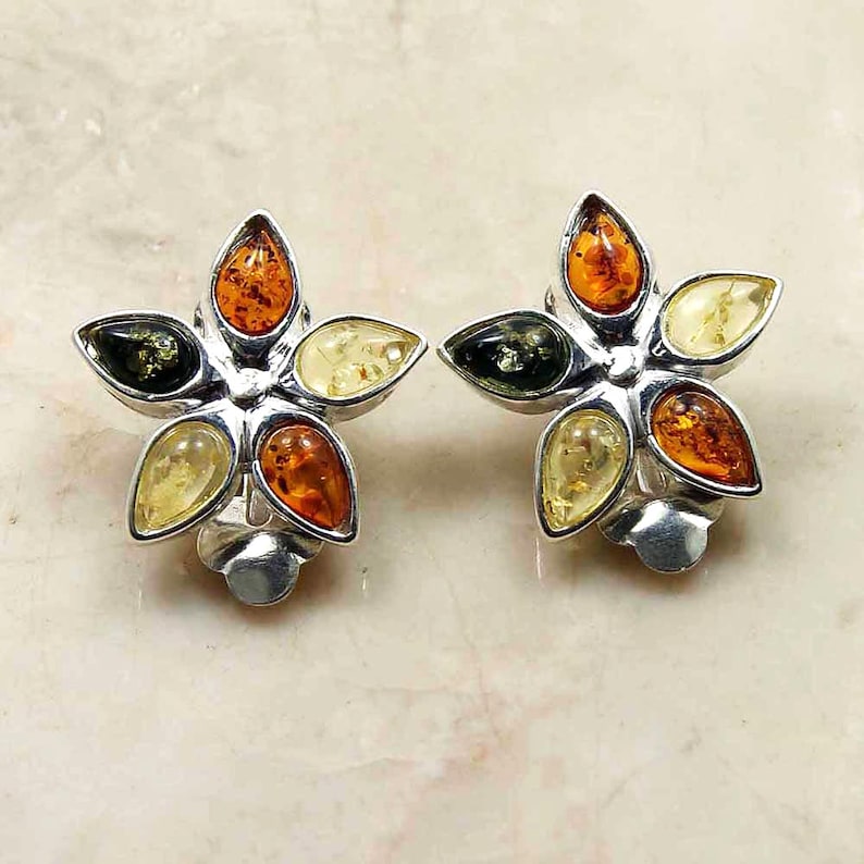 Flower Earrings Sterling Silver Clip On Earrings AF875 Earrings The Silver Plaza Baltic Amber Earrings