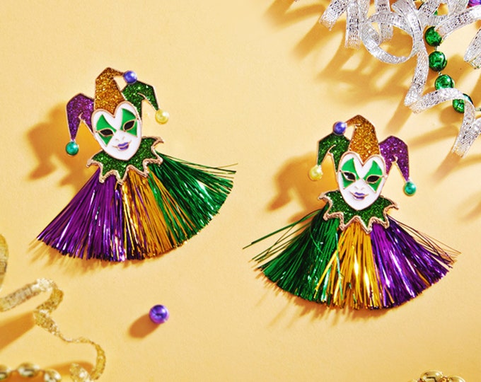 MARDI GRAS Mask Earrings Masquerade Mask Feather Jester Pierrot Earrings Fleur De Lis Earrings