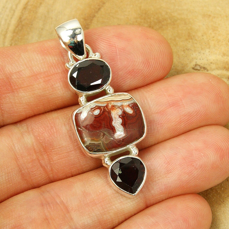 Gemstone Necklace Sterling Silver Crazy Mexican Agate and Garnet Pendant