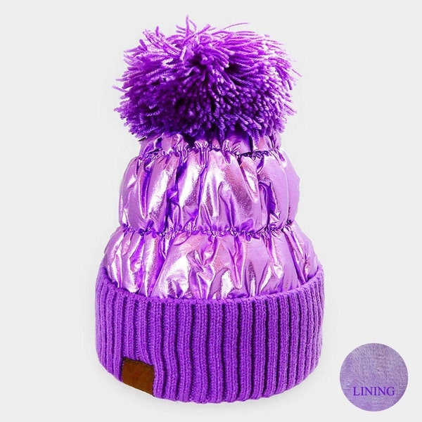 Pom Pom Puffer Winter Beanie Hat, Winter Quilted Metallic Hat, Ribbed Beanie Hat, Women Beanie Hat, Girl Beanie Hat, Warm Winter Hat