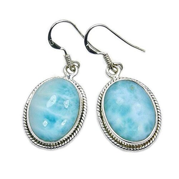 Natural Oval Larimar Dangle Earrings In 925 Sterling Silver - Handmade Gemstone Jewelry