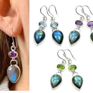 Blue Topaz Earrings Amethyst Earrings Peridot & 925 Sterling Silver Earrings