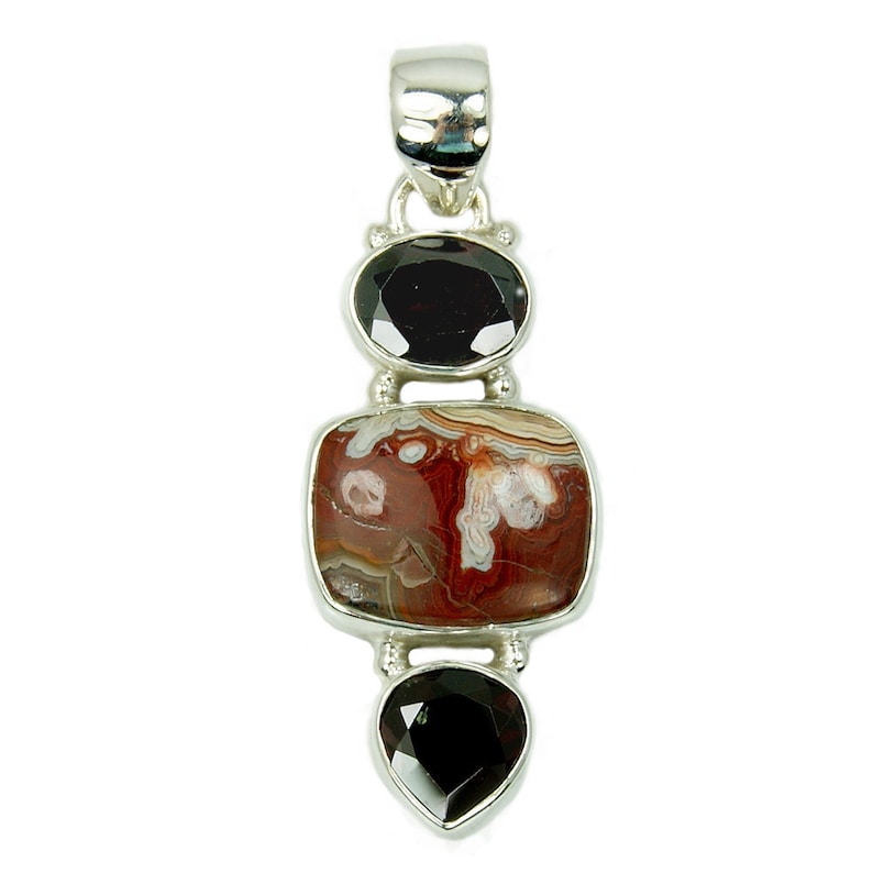Gemstone Necklace Sterling Silver Crazy Mexican Agate and Garnet Pendant