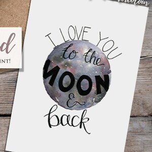 Tarjeta imprimible: Te amo hasta la luna y más allá - Acuarela original - Pintada a mano - Aniversario - Día de San Valentín - Día de la Madre