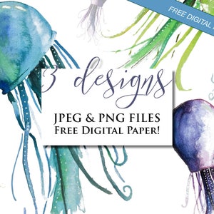 Watercolor Jellyfish: Hand Painted Clip Art, for Instant Download! Free Digital Paper!
