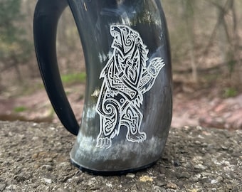 Bear Engraved Drinking Horn Mug