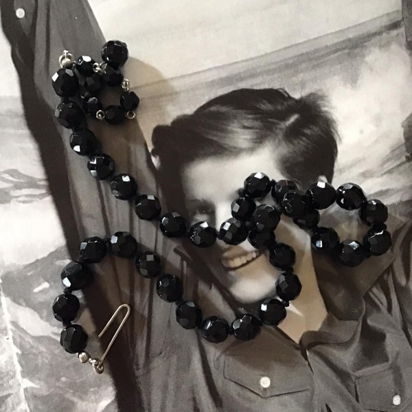 Vintage 1950's 1960's Necklace Black Crystal Glass Beads Knots Tied Between Beads