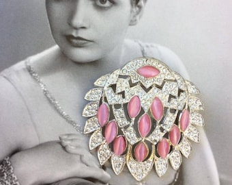 Vintage 1920s 1930s Art Deco Brooch Pin Clear Rhinestones Pink Stones Dark Silver Tone Color Metal