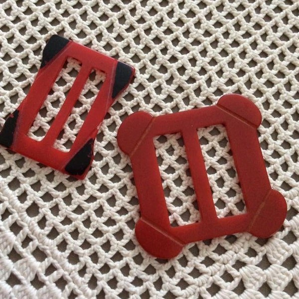 Vintage 1930s Buckles Clothing Art Deco 2 Red Large One Is Bakelite The Other Plastic Destash Arts Crafts Assemblage (Inv #R)