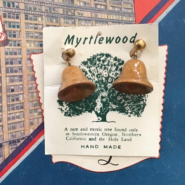 Vintage 1950's 1960's Earrings Screwbacks Handmade Of Rare Myrtlewood Bell Shaped