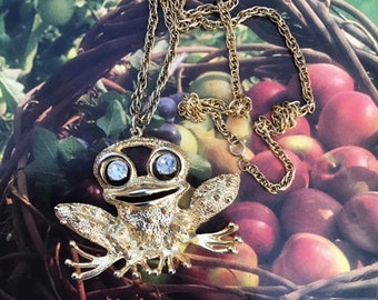 Vintage 1970's 1980's Necklace Frog Pendant With Clear Sparkly Rhinestone Mobile Eyes Unsigned