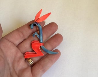 Vintage 1960's 1970's Brooch Pin Kangaroo Bright Reddish-Orange And Blue On Gold Tone Color Metal