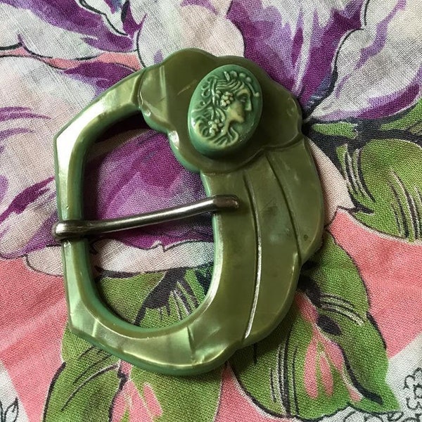 Vintage 1920's 1930's Buckle Green Celluloid Lady Cameo Face Art Deco Clothing Fastener Closure Collectible Arts Crafts Jewelry Making