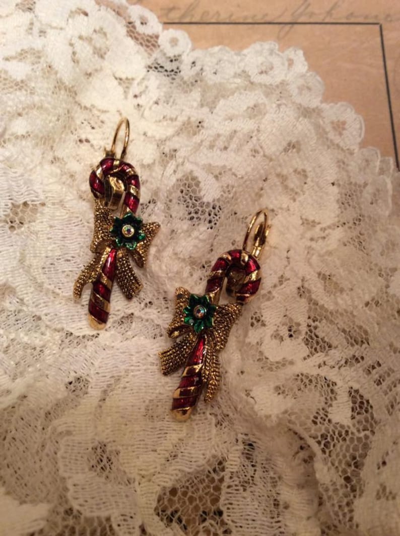 Vintage 1990s Earrings Candy Canes Christmas Pierced Gold Tone Etsy