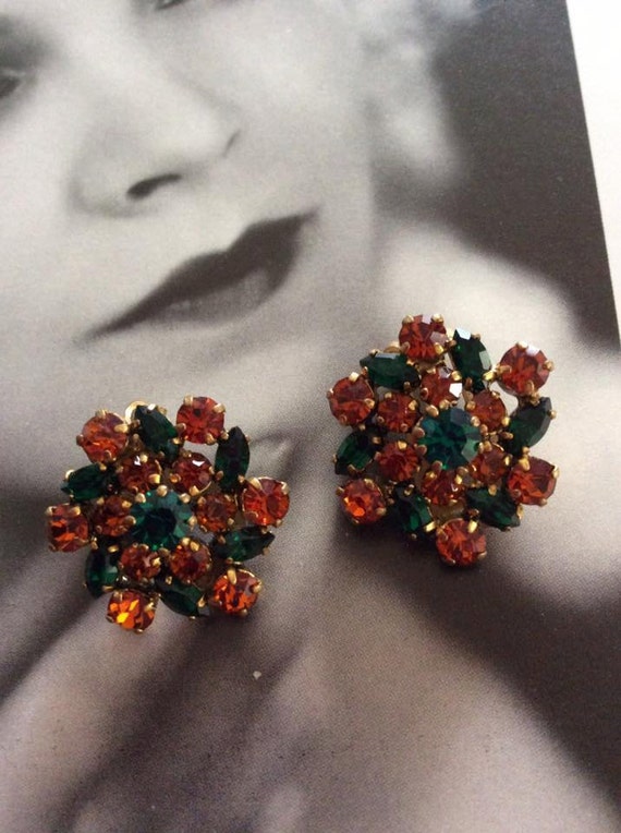 Vintage 1940s 1950s Earrings Emerald Green Orange… - image 1