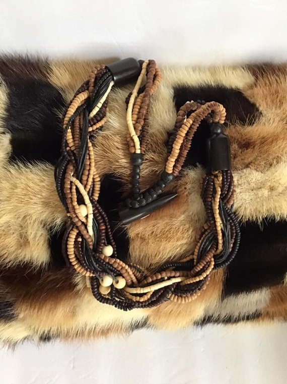 Vintage 1980's Necklace Black Brown Beige Wood Bea