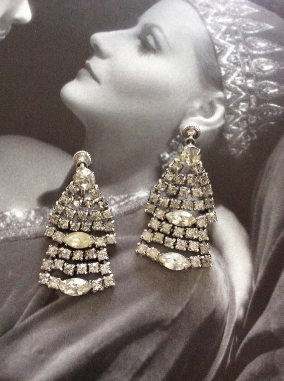 Vintage 1950s Earrings Rhinestone Dangles Screw B… - image 1