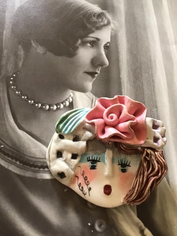 Vintage 1990's Y2K Brooch Pin Ceramic Lady Face *… - image 1