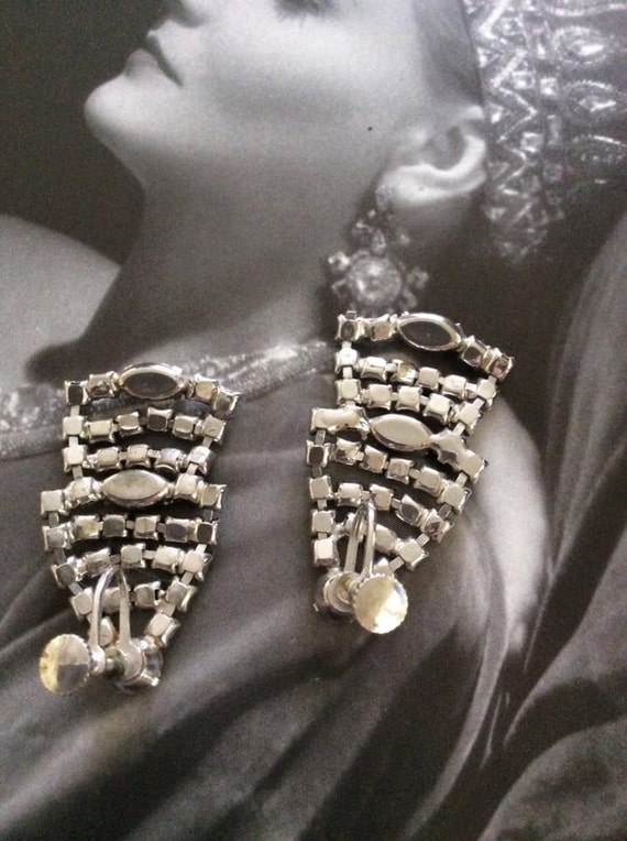 Vintage 1950s Earrings Rhinestone Dangles Screw B… - image 4