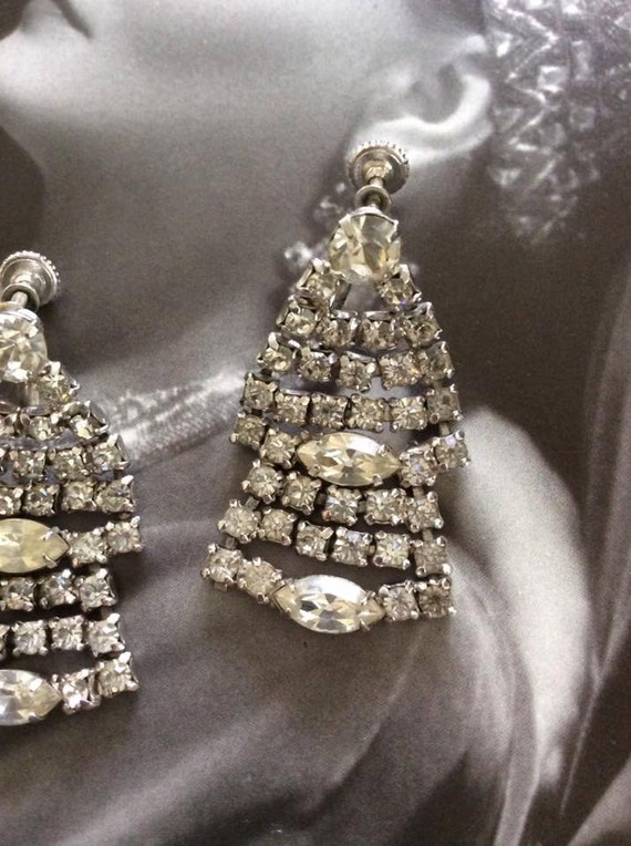 Vintage 1950s Earrings Rhinestone Dangles Screw B… - image 2