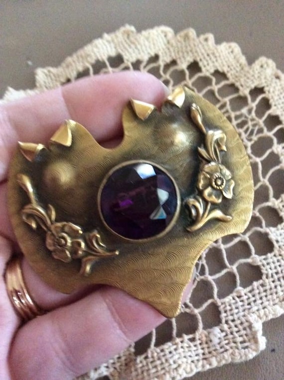 Victorian Edwardian Brooch Pin Deep Purple Stone … - image 2