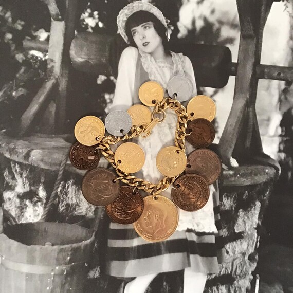 Vintage 1960's 1970's Bracelet Coins Charm Bracel… - image 1