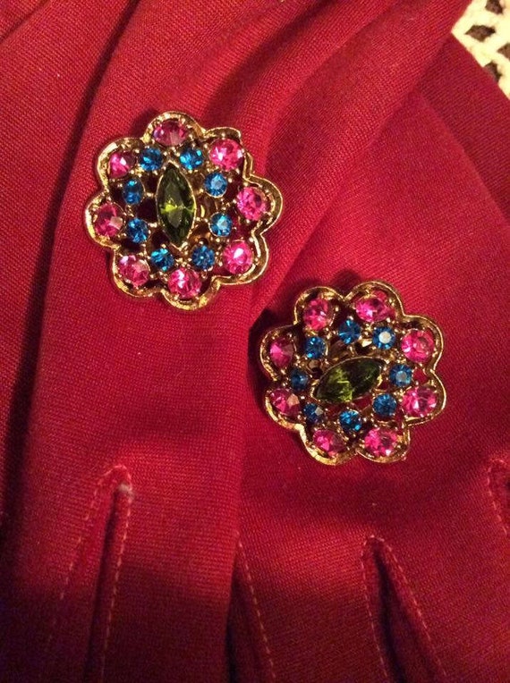 Vintage 1960s Earrings Clip On Vibrant Color Ston… - image 2