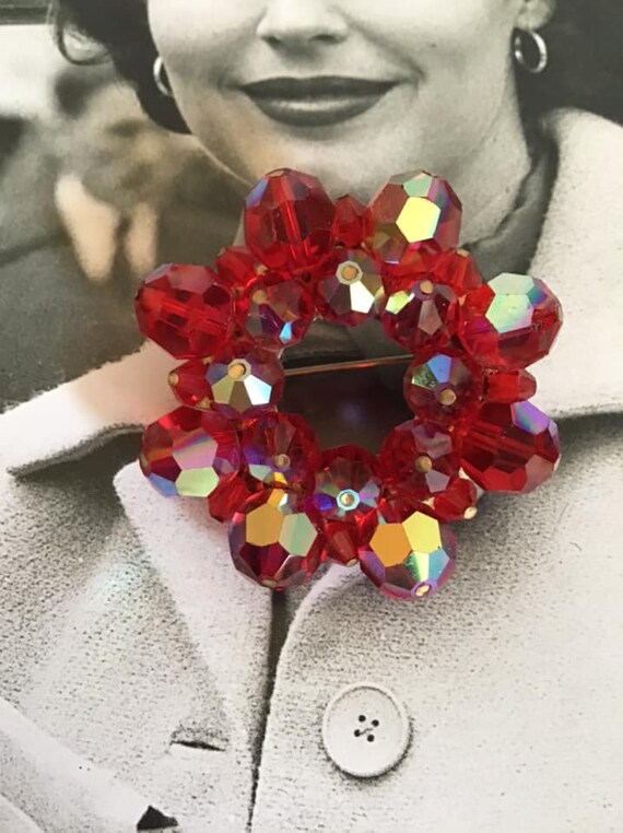 Vintage 1950's 1960's Brooch Pin Iridescent Red F… - image 3